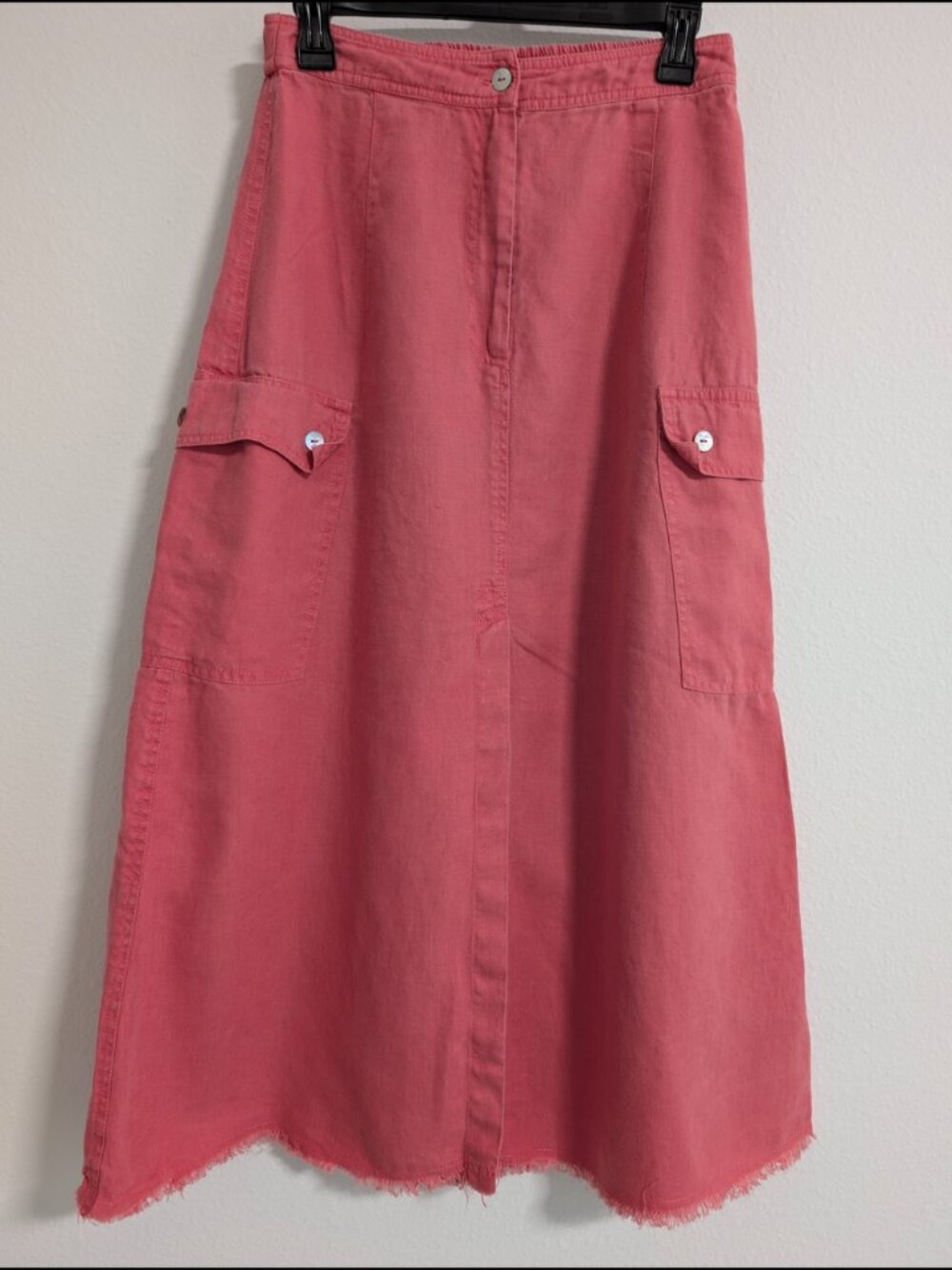 Graca Ottoni Pink Solid A-Line Midi Skirt High Rise Button Pockets Slit 4